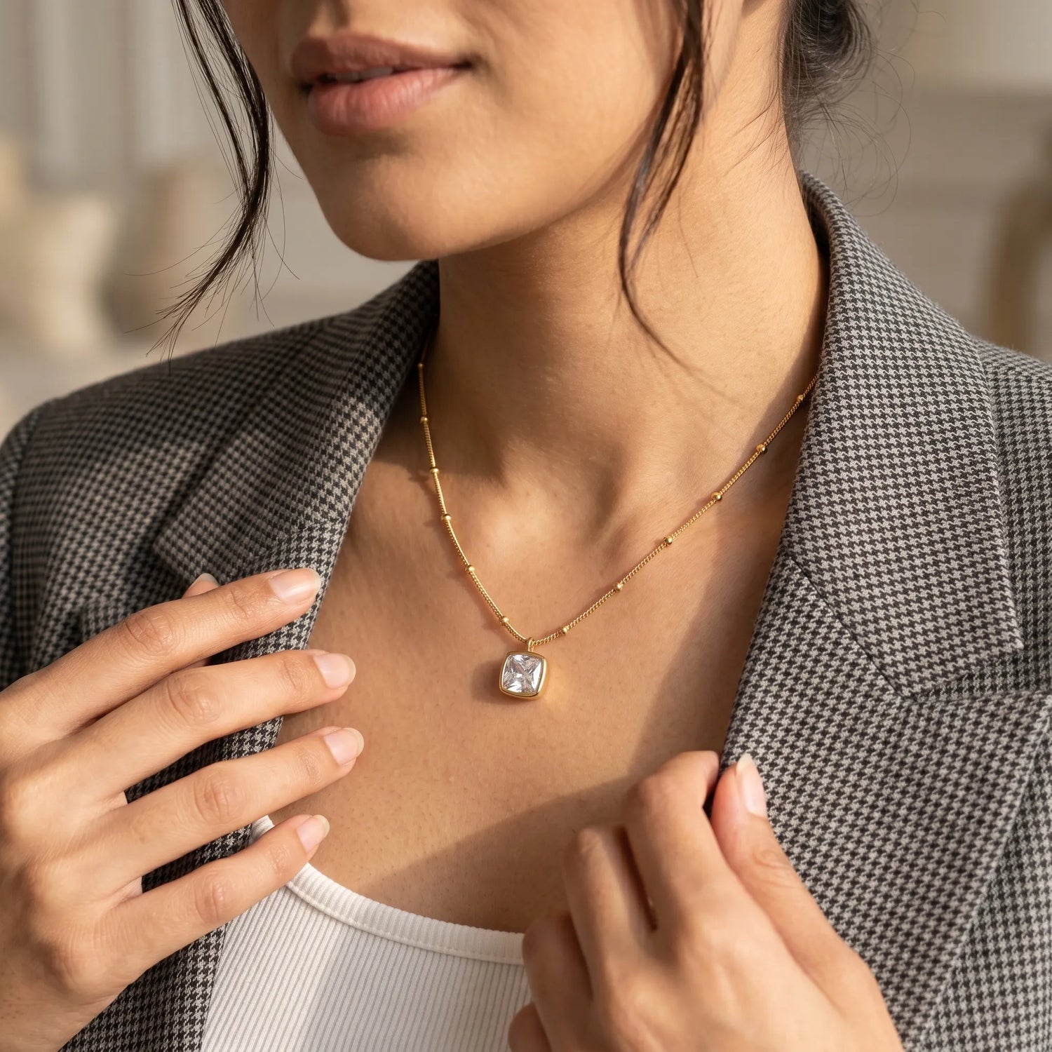 Square Crystal Necklace – 18K Gold Plated