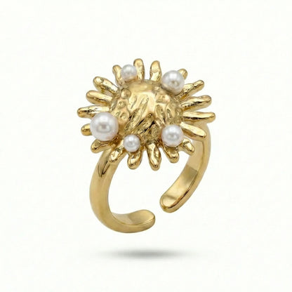 Sunburst Pearl Statement Ring - 18K Gold Plated Adjustable