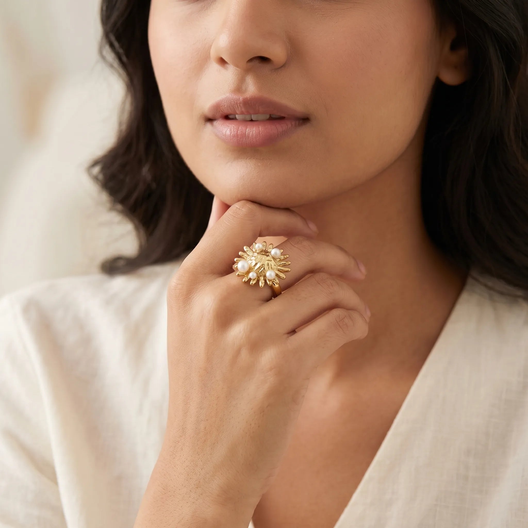 Sunburst Pearl Statement Ring - 18K Gold Plated Adjustable