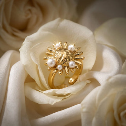 Sunburst Pearl Statement Ring - 18K Gold Plated Adjustable