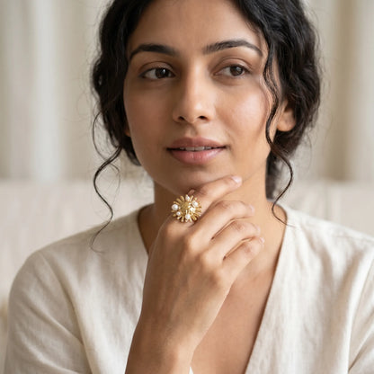 Sunburst Pearl Statement Ring - 18K Gold Plated Adjustable