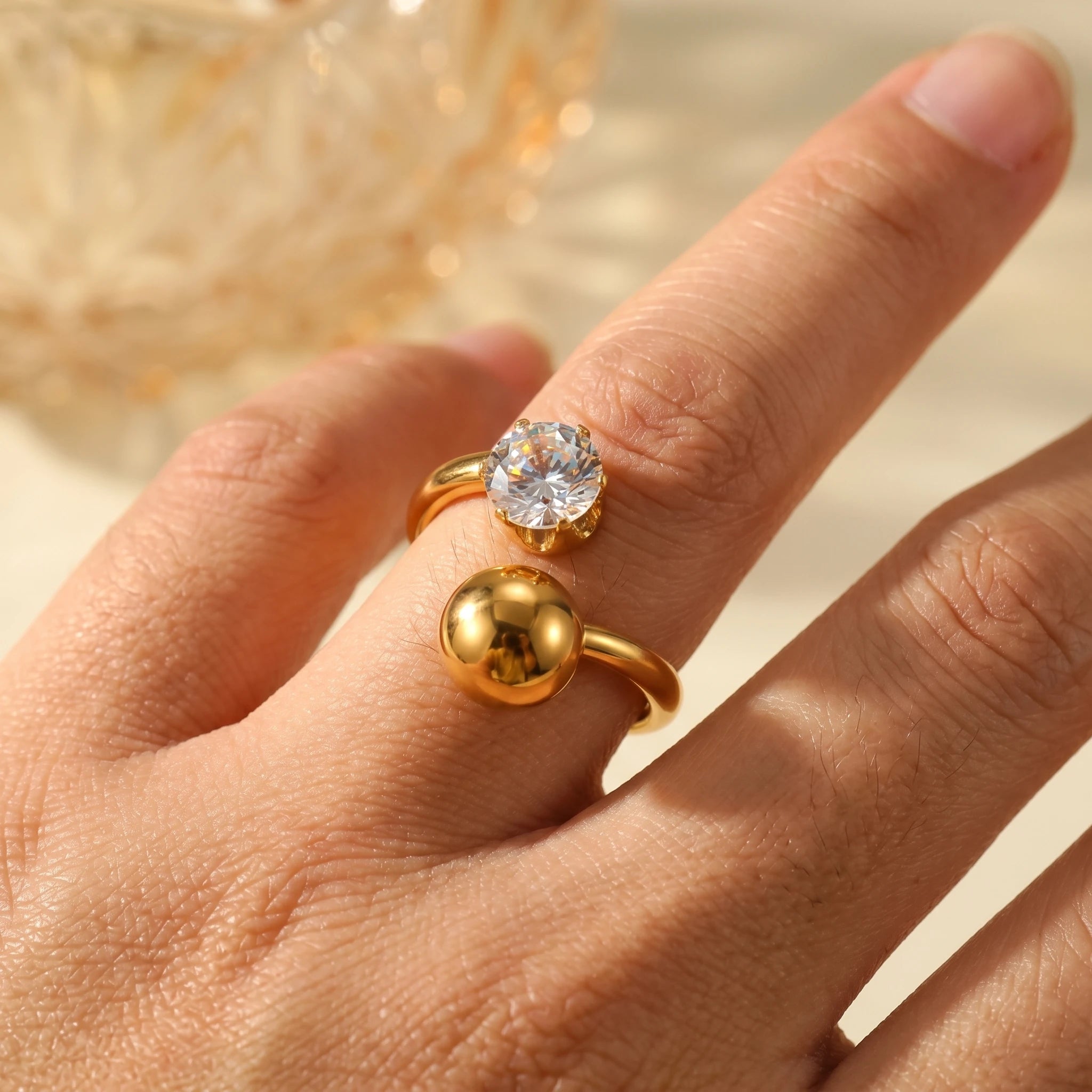 Crystal Ball Bypass Ring – 18K PVD Gold Plated