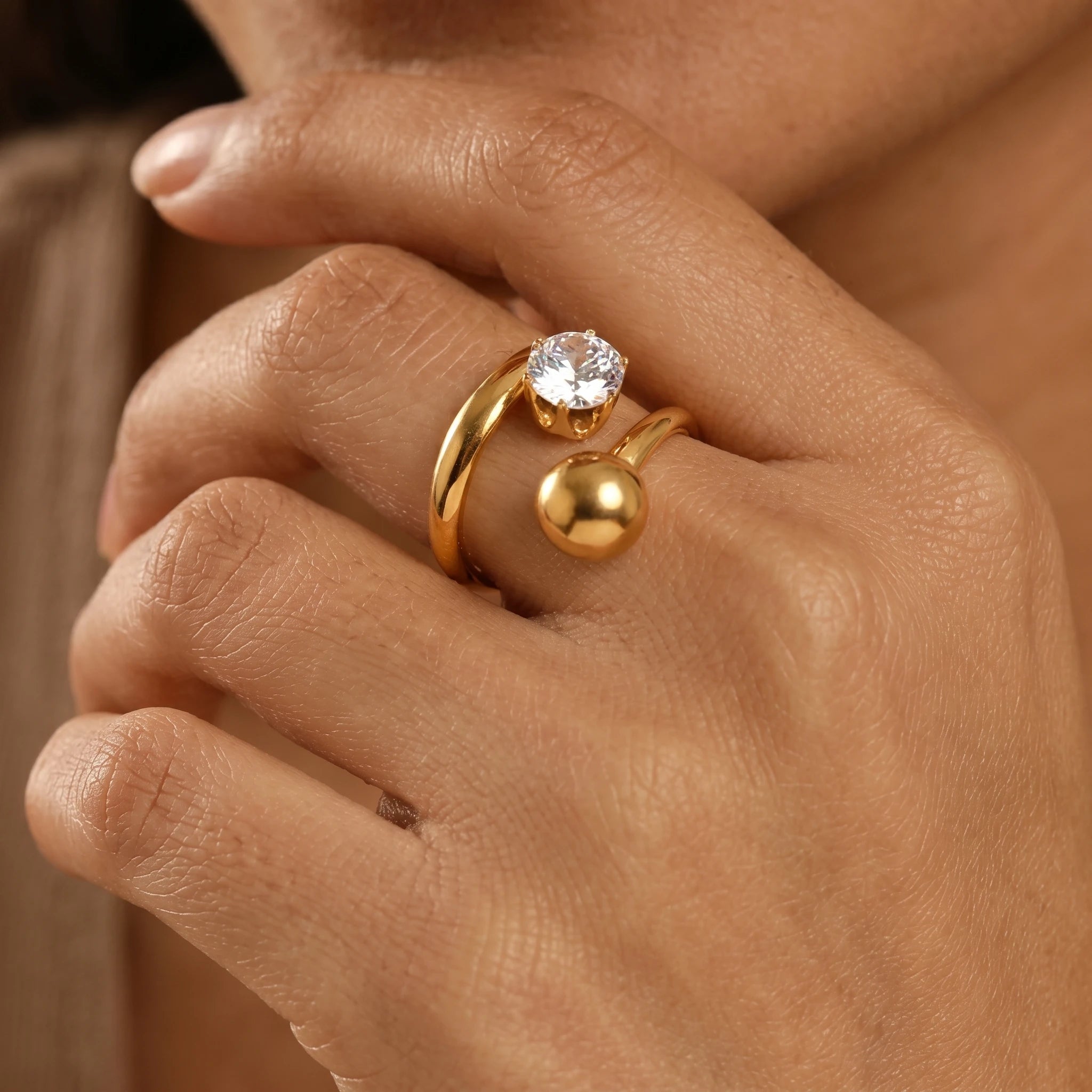 Crystal Ball Bypass Ring – 18K PVD Gold Plated