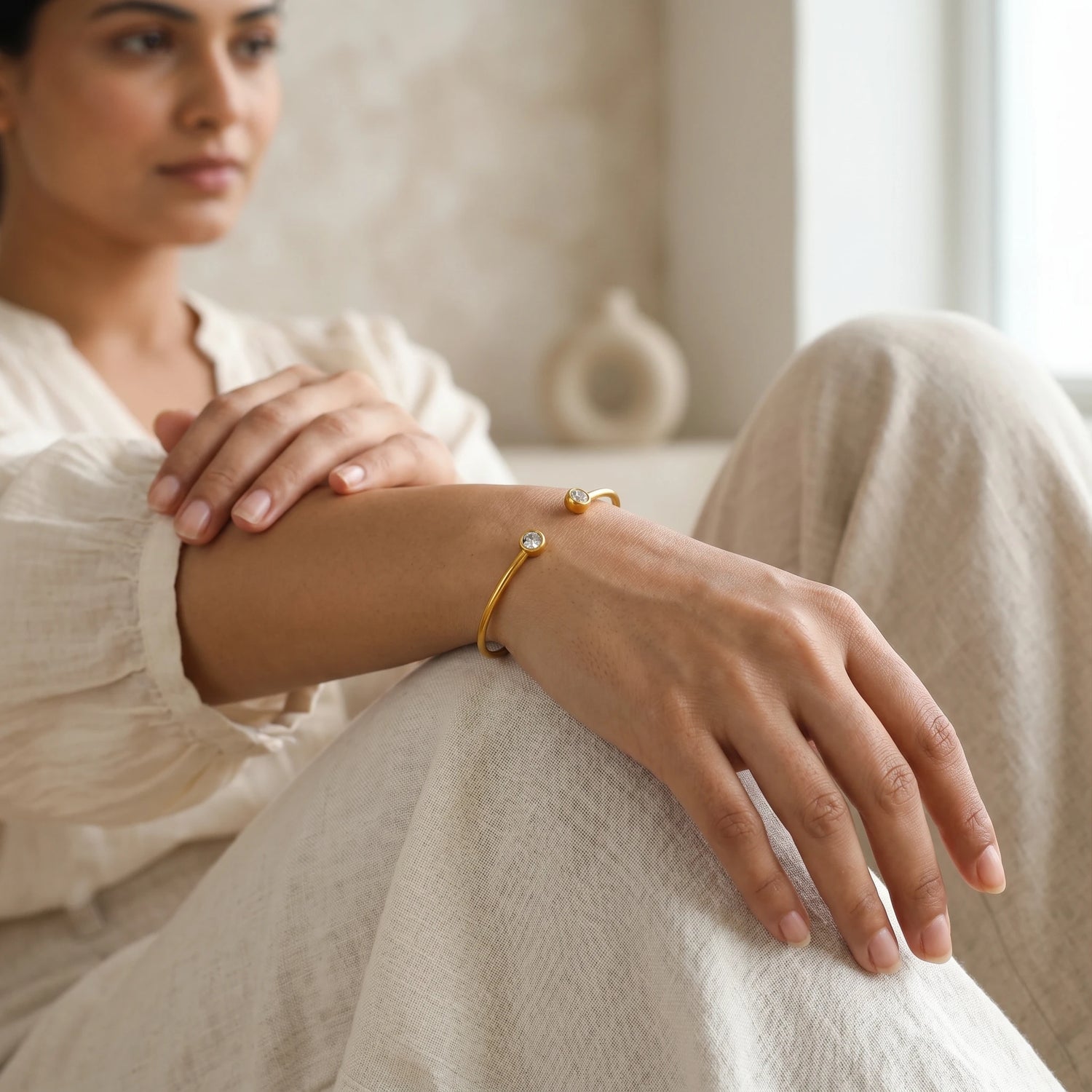 White Crystal Open Cuff Bangle Bracelet – 18K PVD Gold Plated