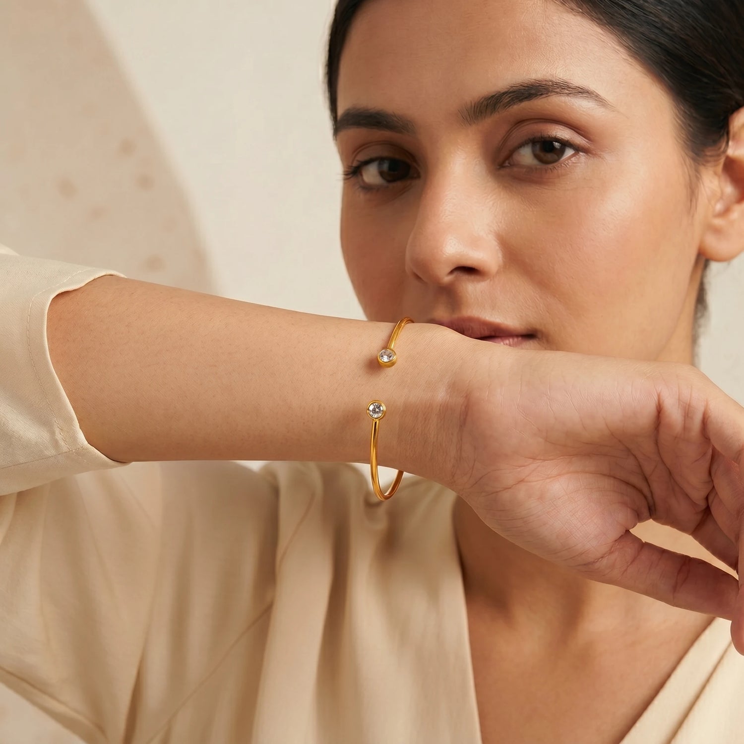 White Crystal Open Cuff Bangle Bracelet – 18K PVD Gold Plated