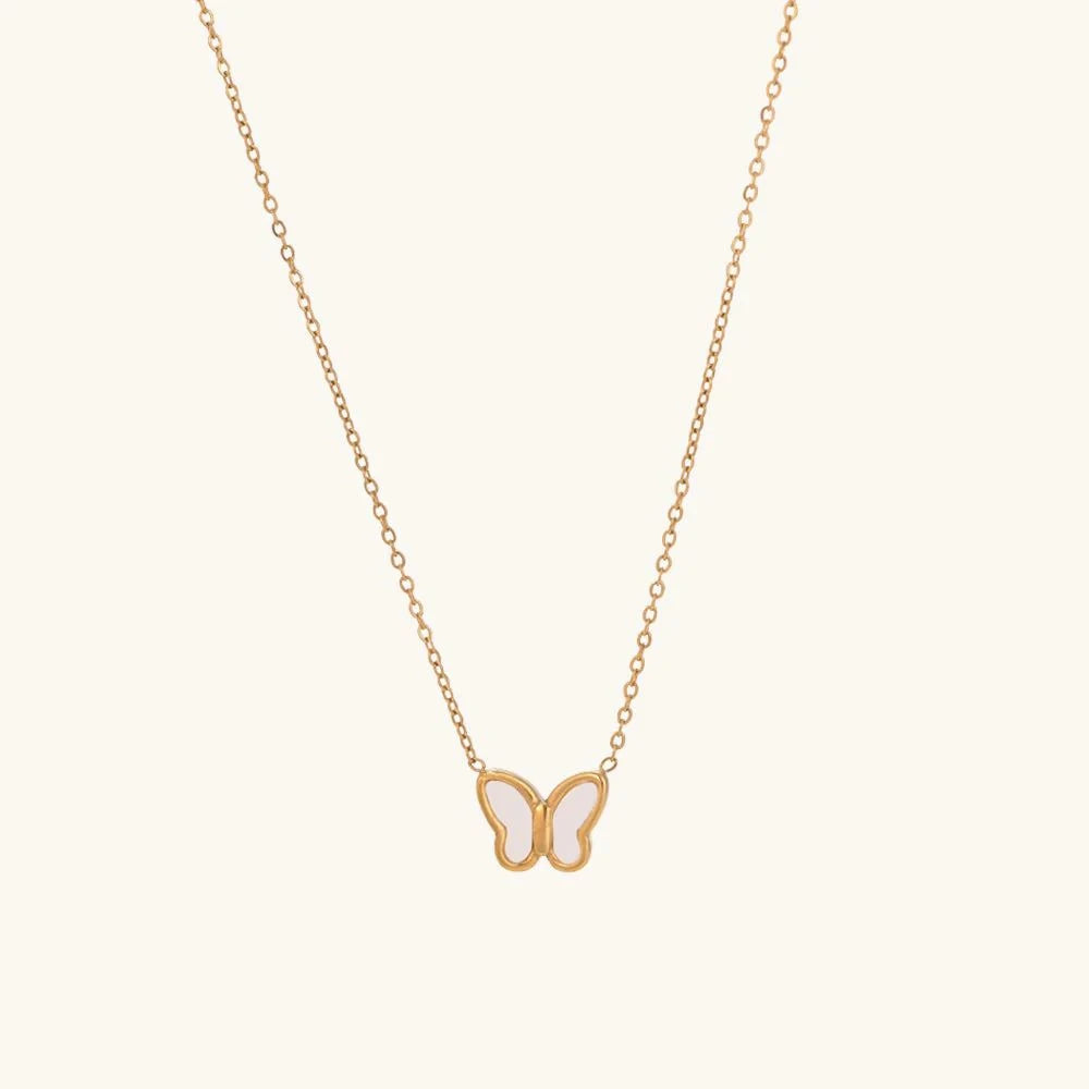 White Enamel Butterfly Pendant Necklace – 18K PVD Gold Plated