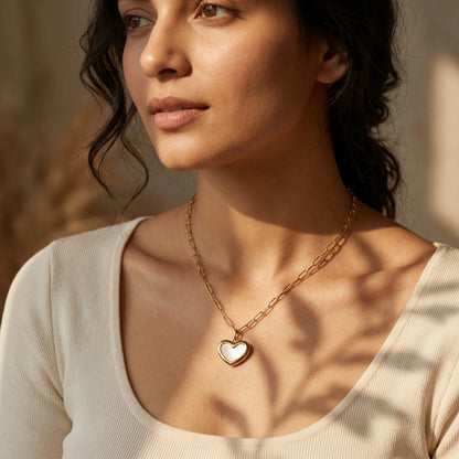 White Shell Heart Pendant Necklace – 18K PVD Gold Plated
